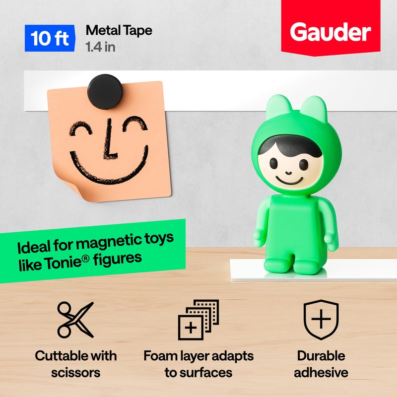 GAUDER Self-Adhesive Metal Tape - Ideal for Tonie Figures & Shelves - Holding Surface for Magnets - Ferrous Tape with Foam Adhesive - Thin Metal Steel Strip (10 ft x 1.4 in) - Image 2